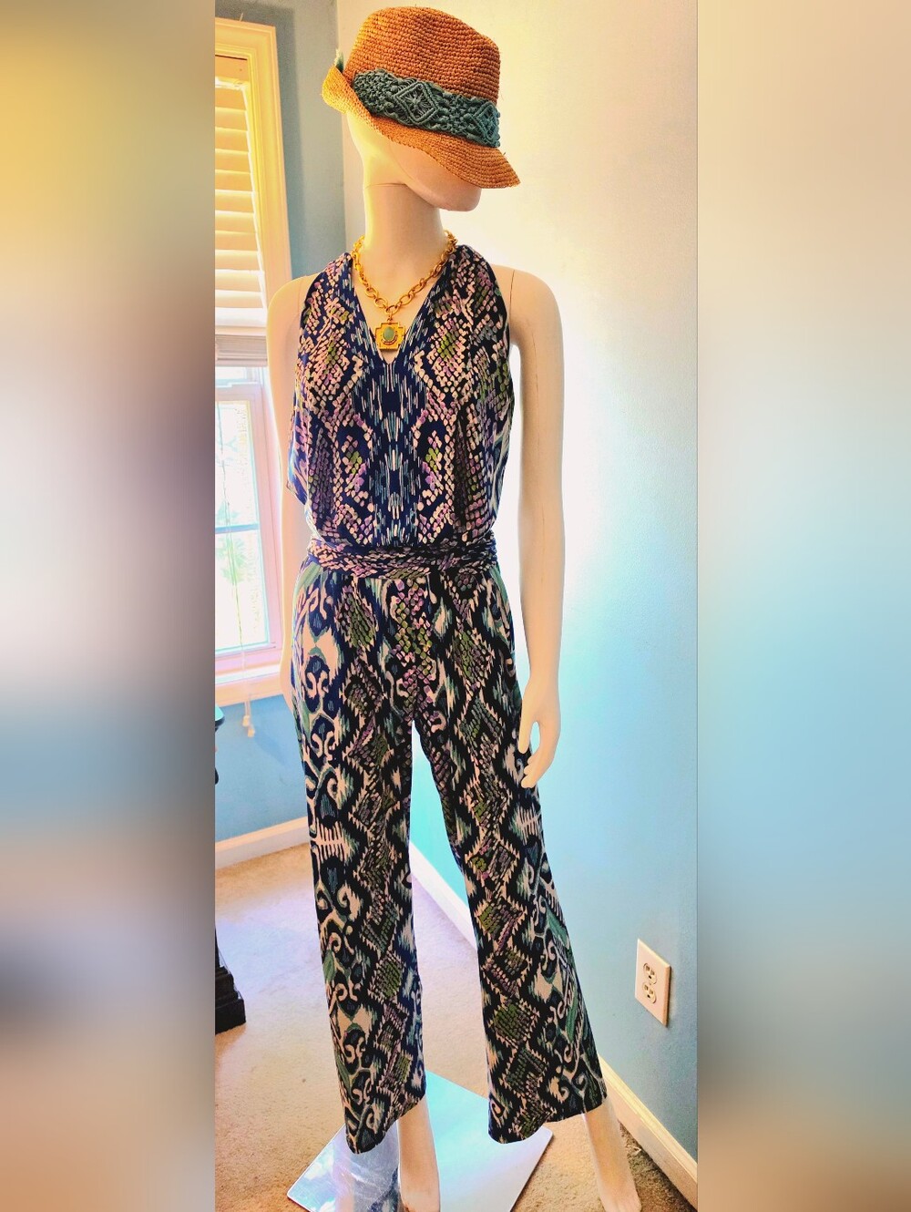 Hale Bob Sleeveless Navy Printed Jumpsuit with Tie Waist
